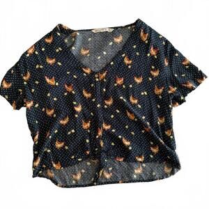 Vanilla Star Tie Front Button Down Blue Chicken Blouse Casual Top Women's XL